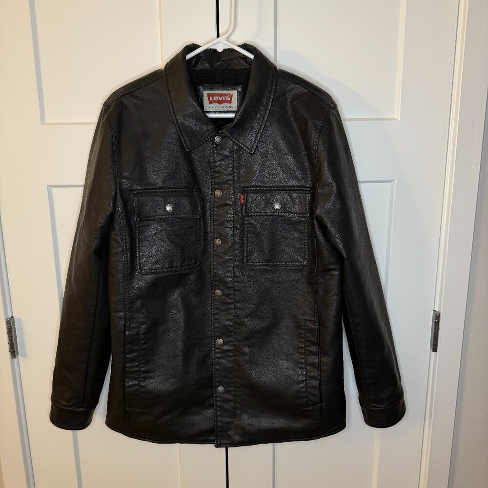 Levi's Men's Black Faux Leather Sherpa Lined Jacket Warm Collared Size Small